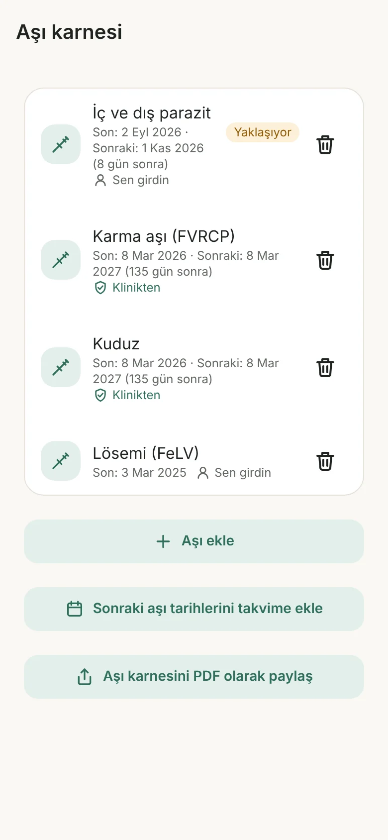 Aşı karnesi ekranı: yapılan aşılar ve sıradaki aşı tarihi