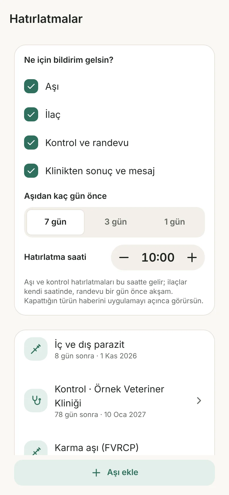 Hatırlatmalar ekranı: yaklaşan parazit, kontrol ve aşı günleri